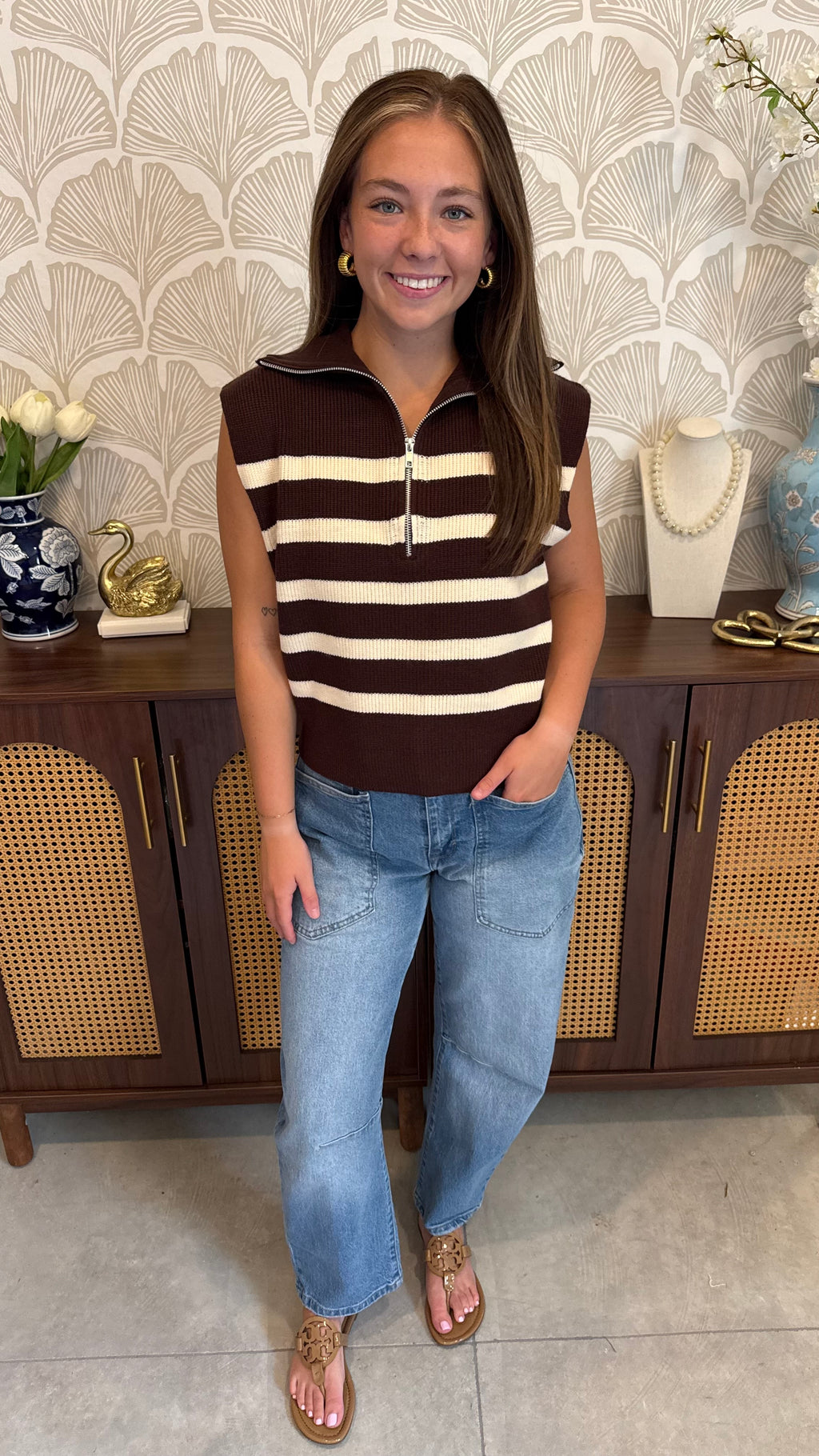 Mocha Stripe Zip Top