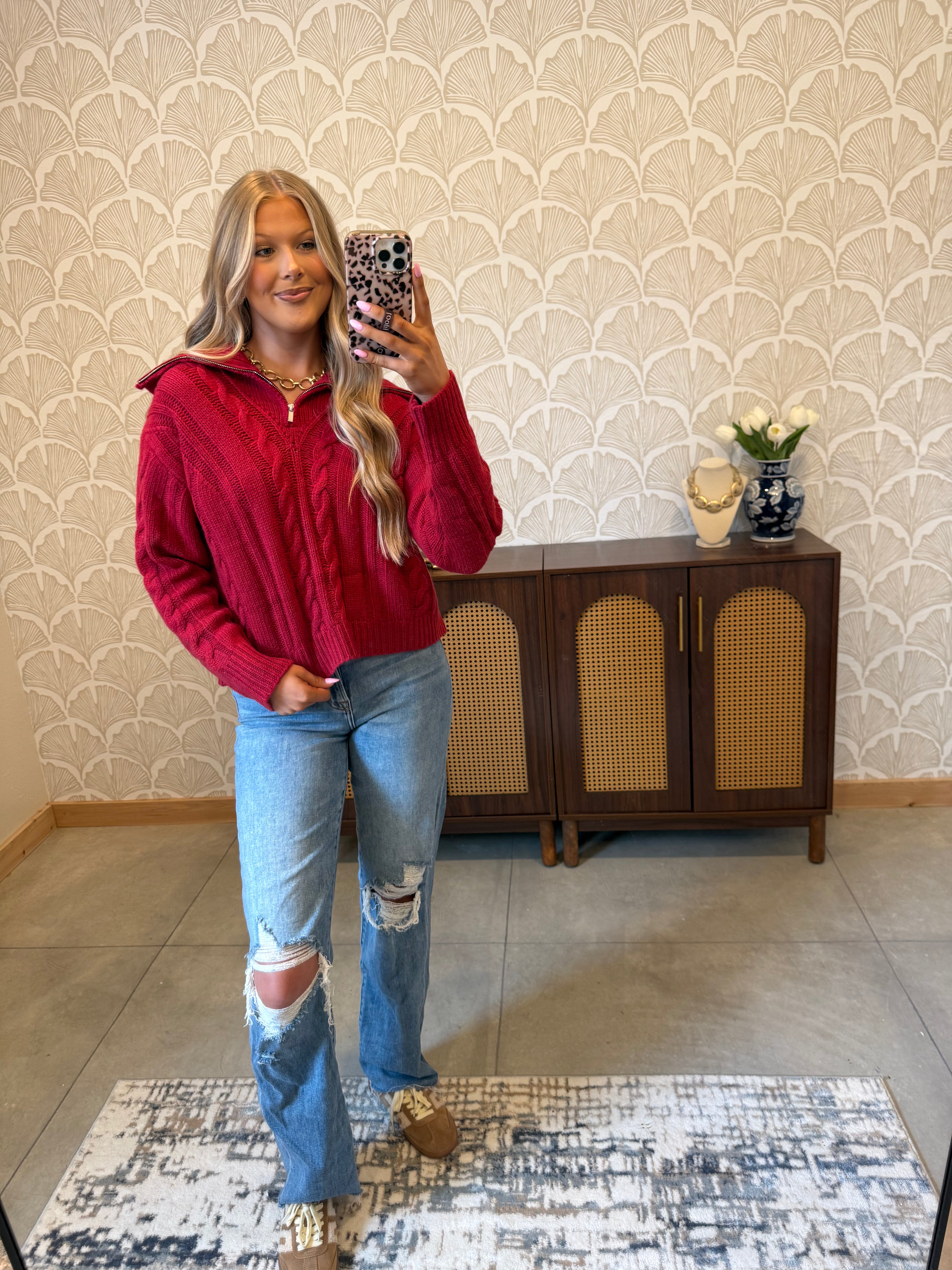 Candy Red Quarter Zip Sweater