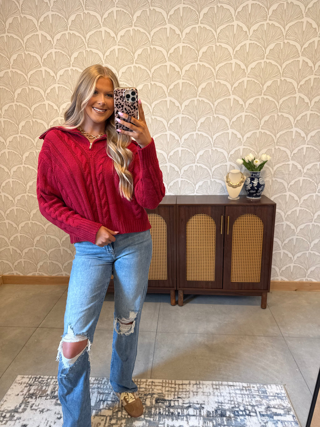 Candy Red Quarter Zip Sweater