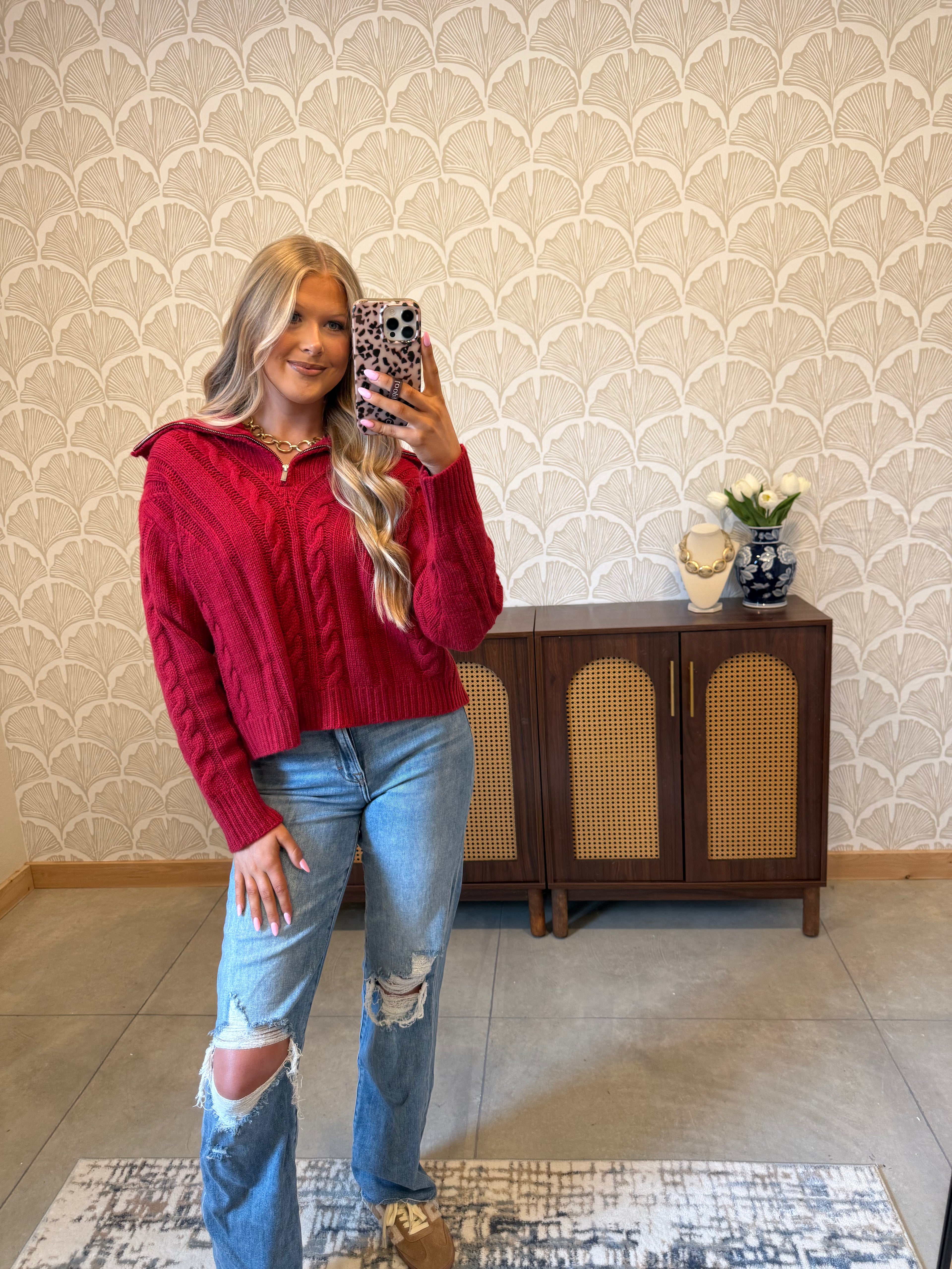 Candy Red Quarter Zip Sweater