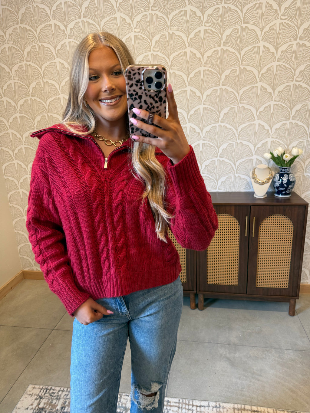 Candy Red Quarter Zip Sweater
