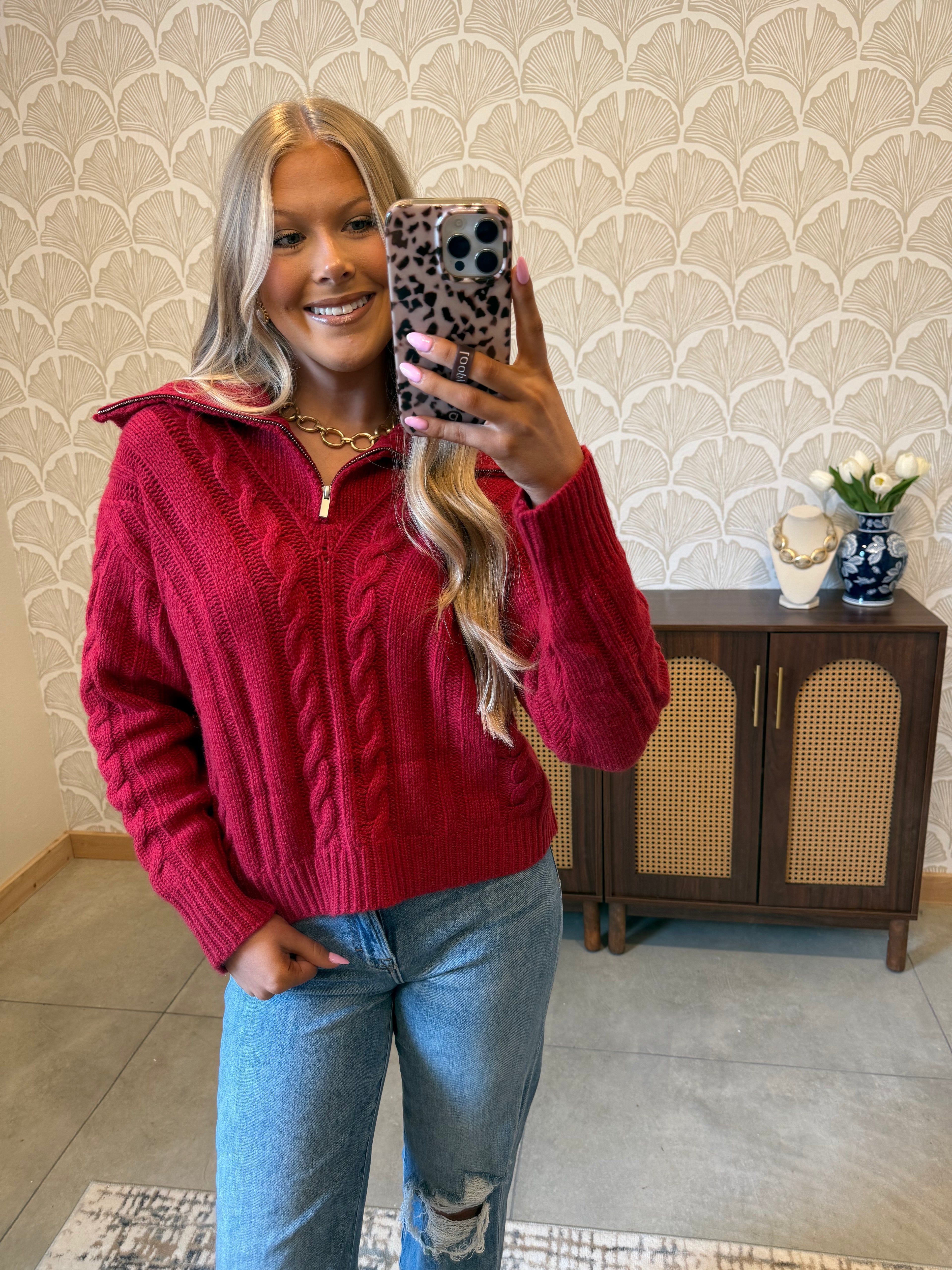 Candy Red Quarter Zip Sweater