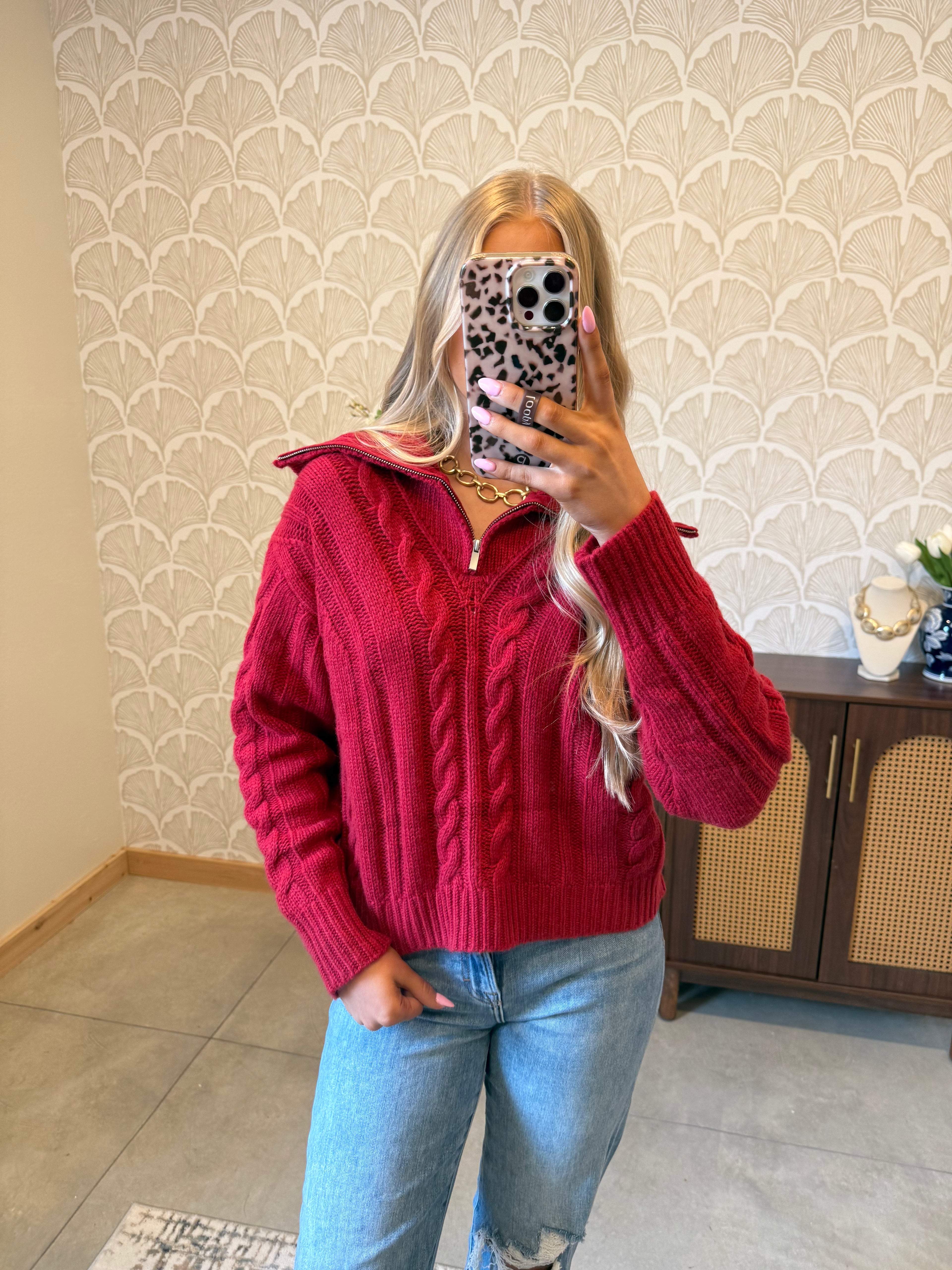 Candy Red Quarter Zip Sweater