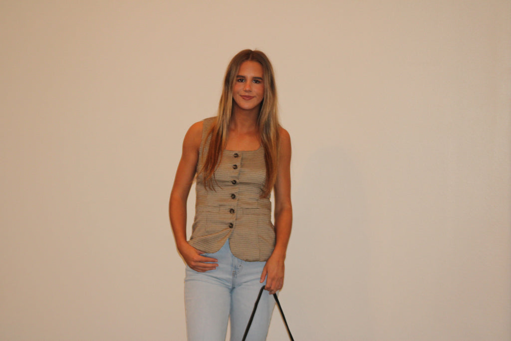 Houndstooth Plaid Buckle Top