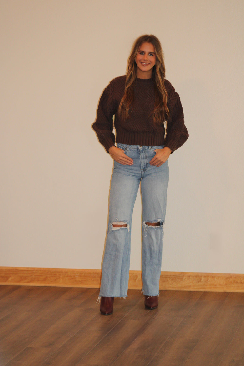 Chocolate Braided Sleeve Sweater