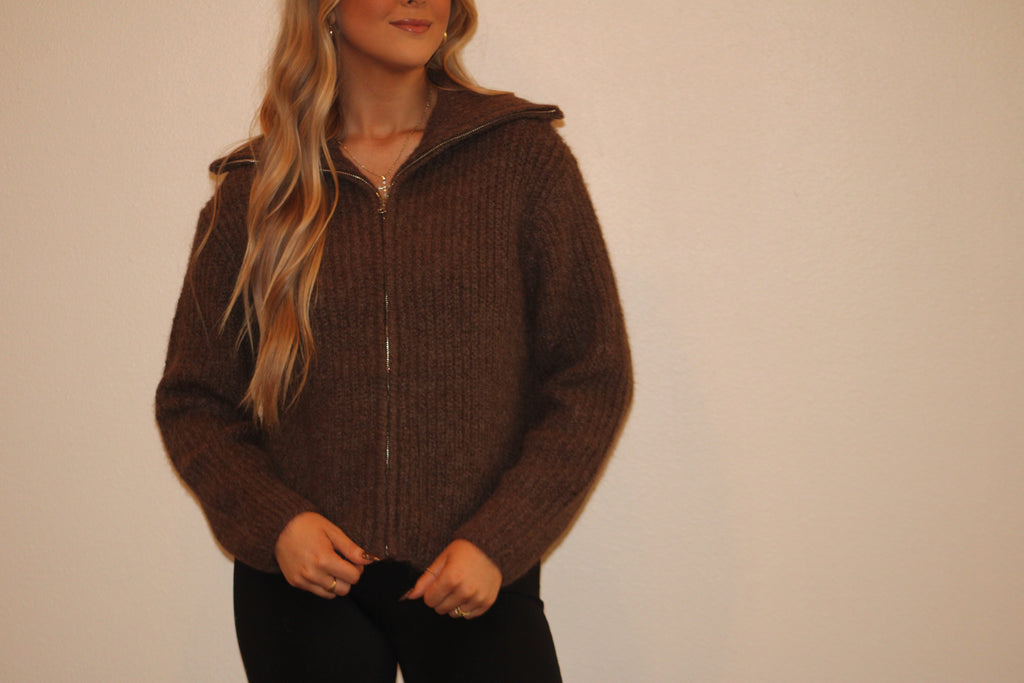 Brown Fuzzy Zip Up Sweater
