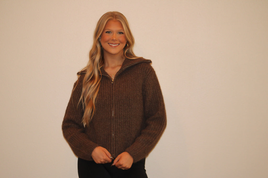 Brown Fuzzy Zip Up Sweater