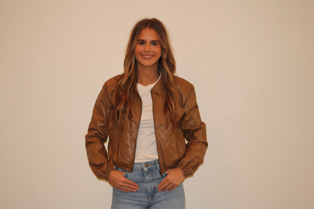 Leather Bomber Zip Up Jacket