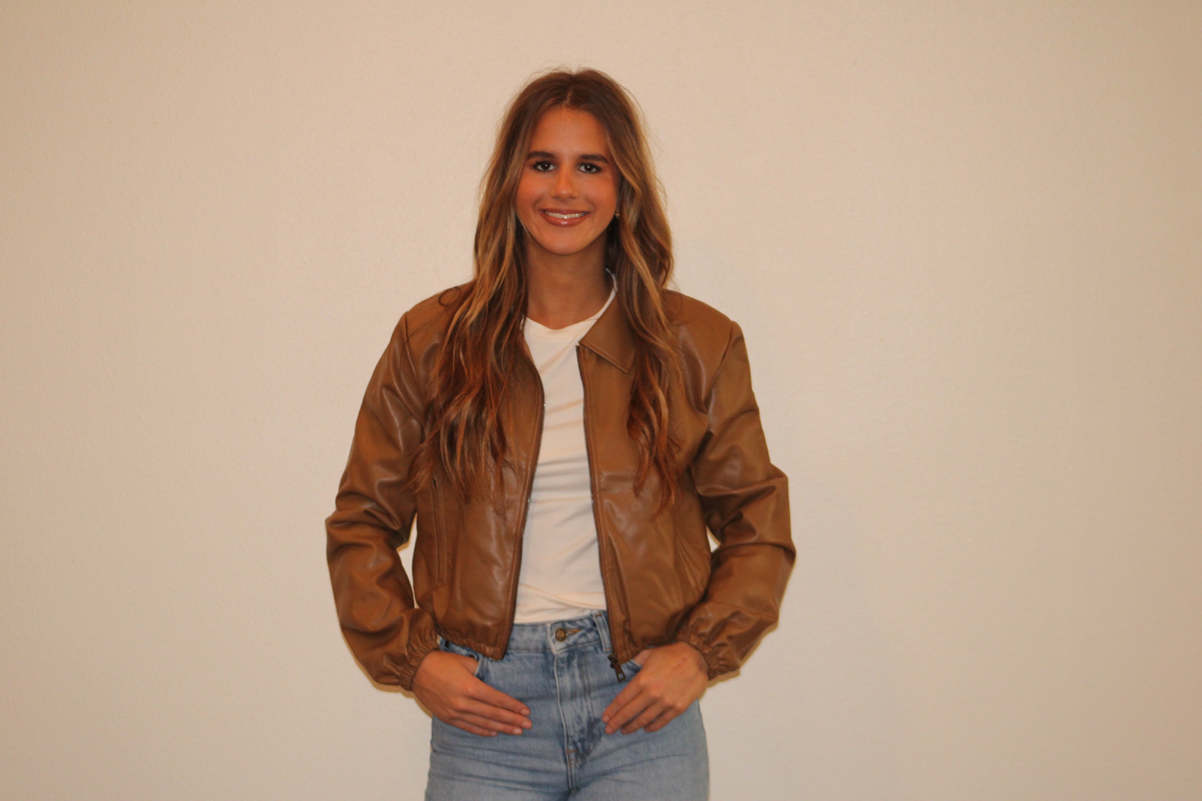 Leather Bomber Zip Up Jacket