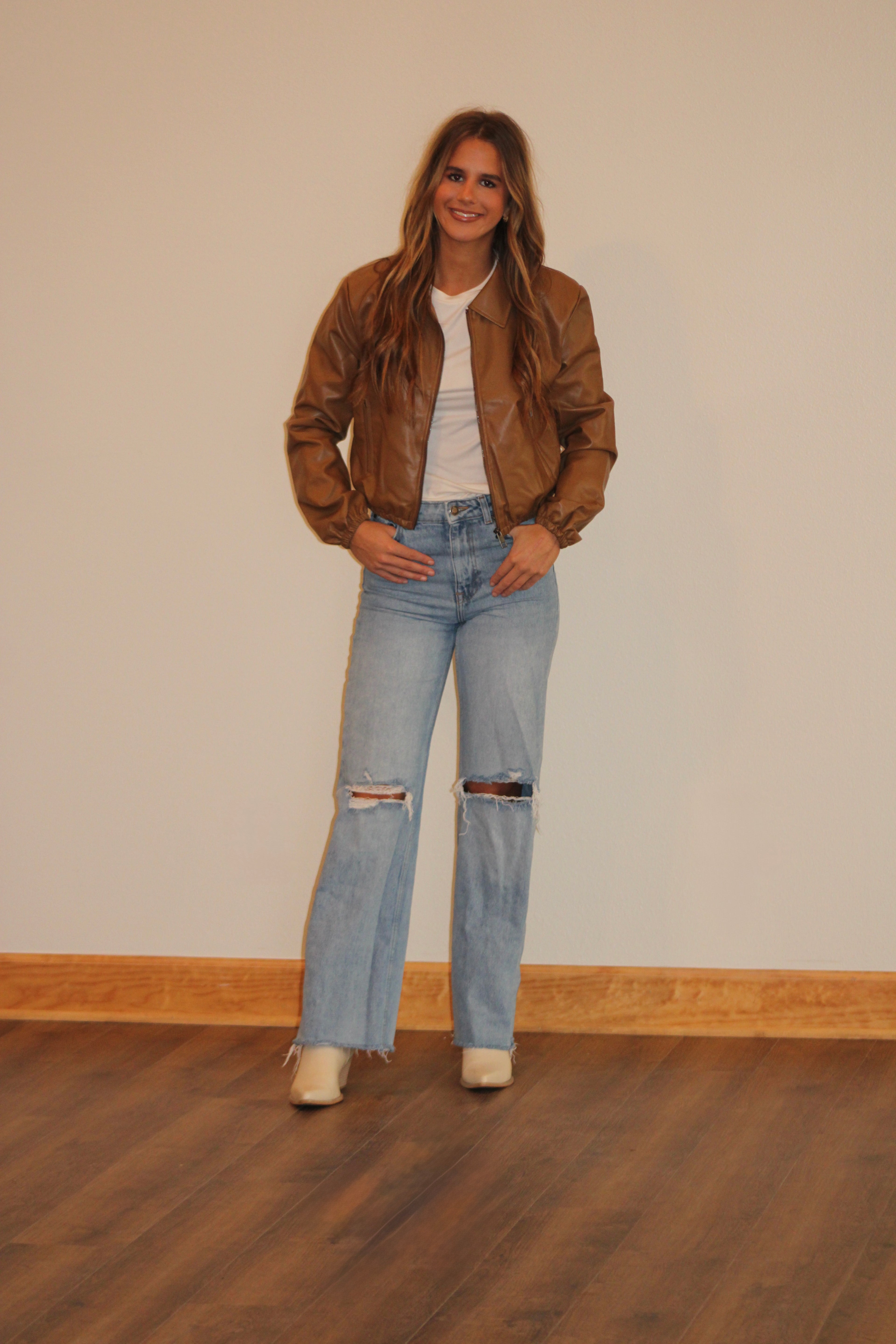 Leather Bomber Zip Up Jacket