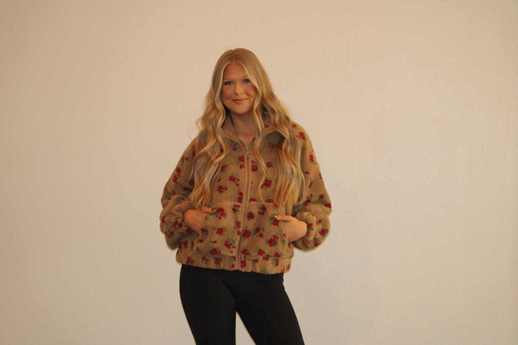 Floral Zip Up Fuzzy Sherpa