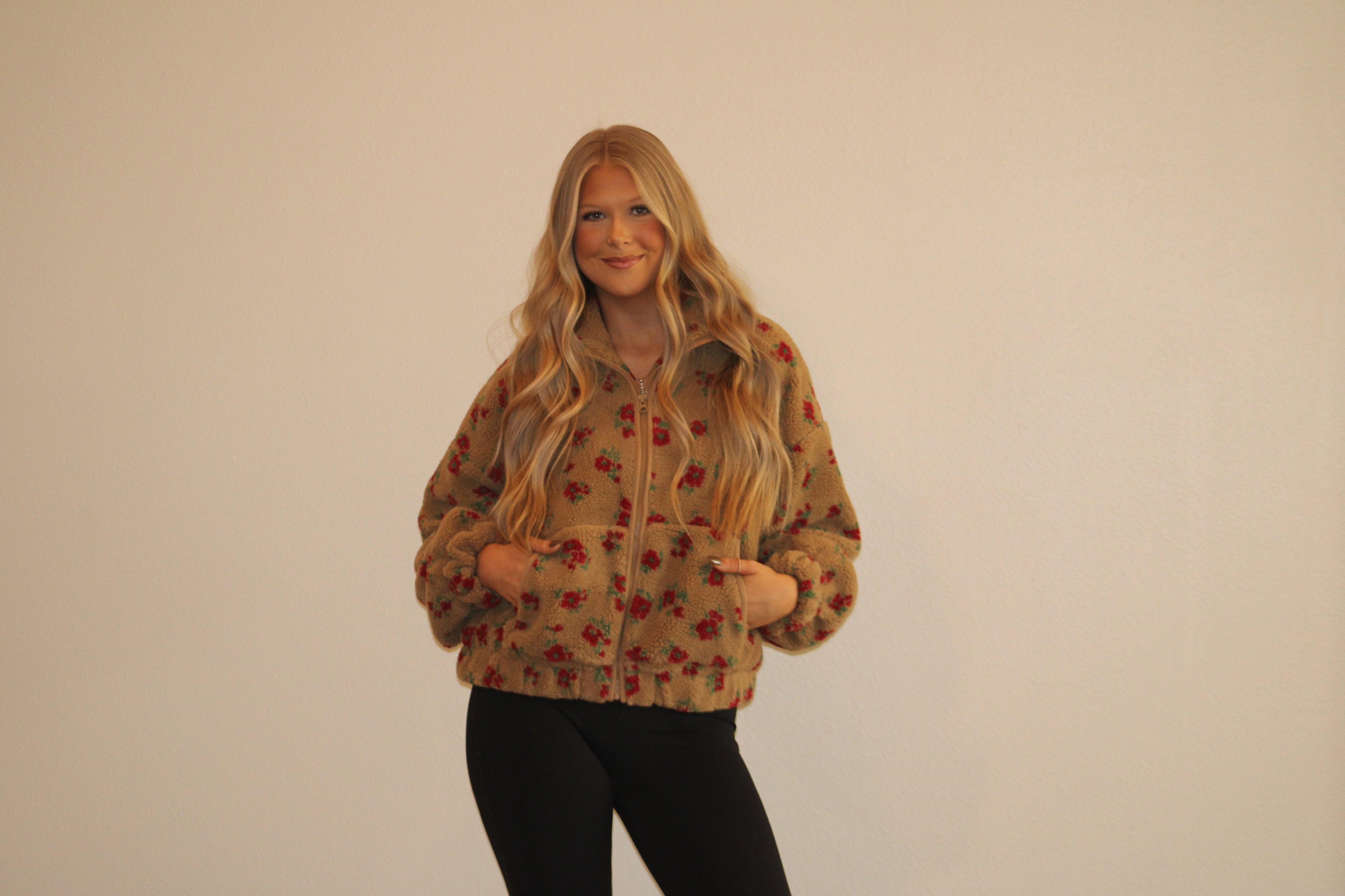 Floral Zip Up Fuzzy Sherpa