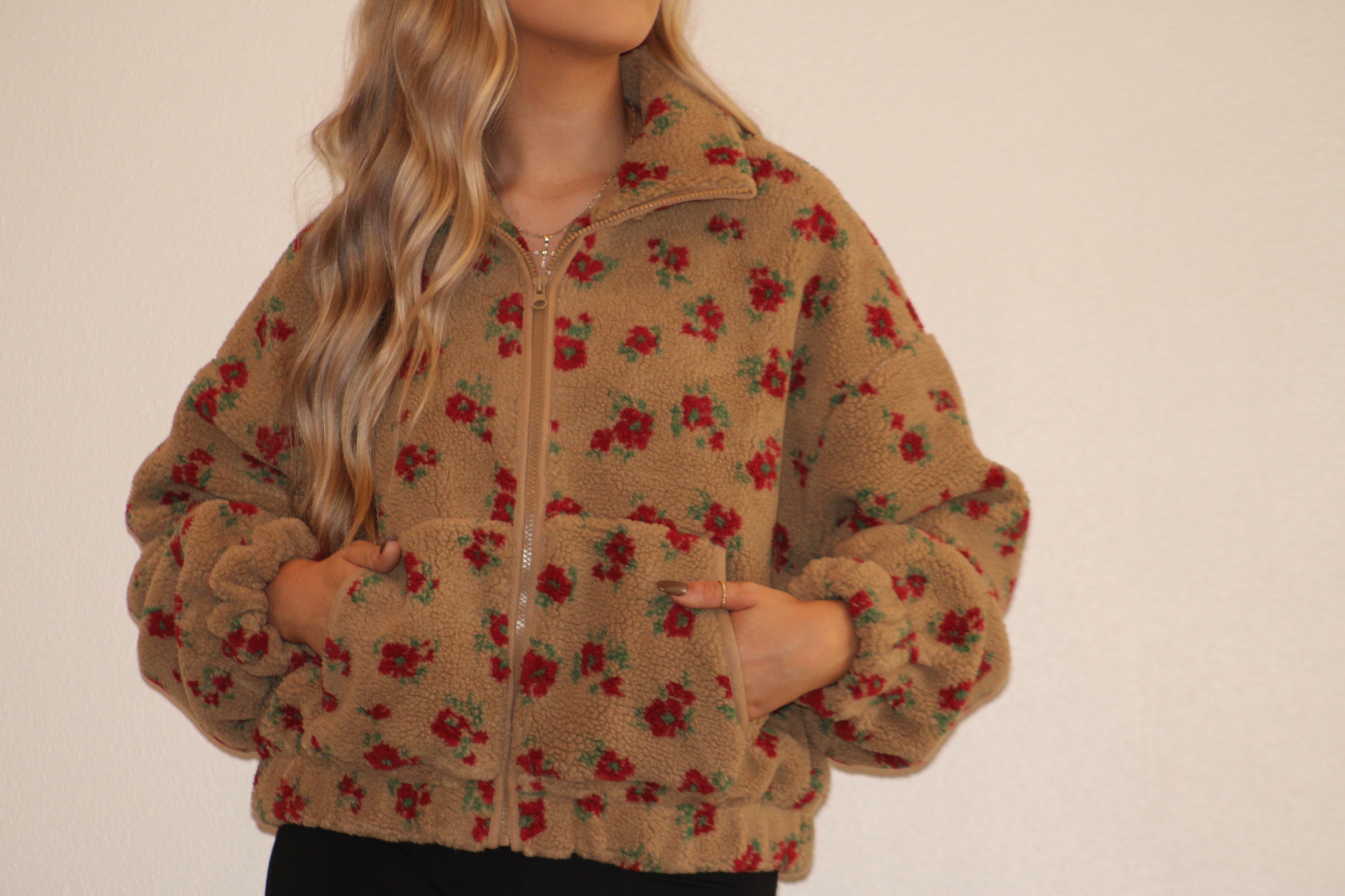 Floral Zip Up Fuzzy Sherpa