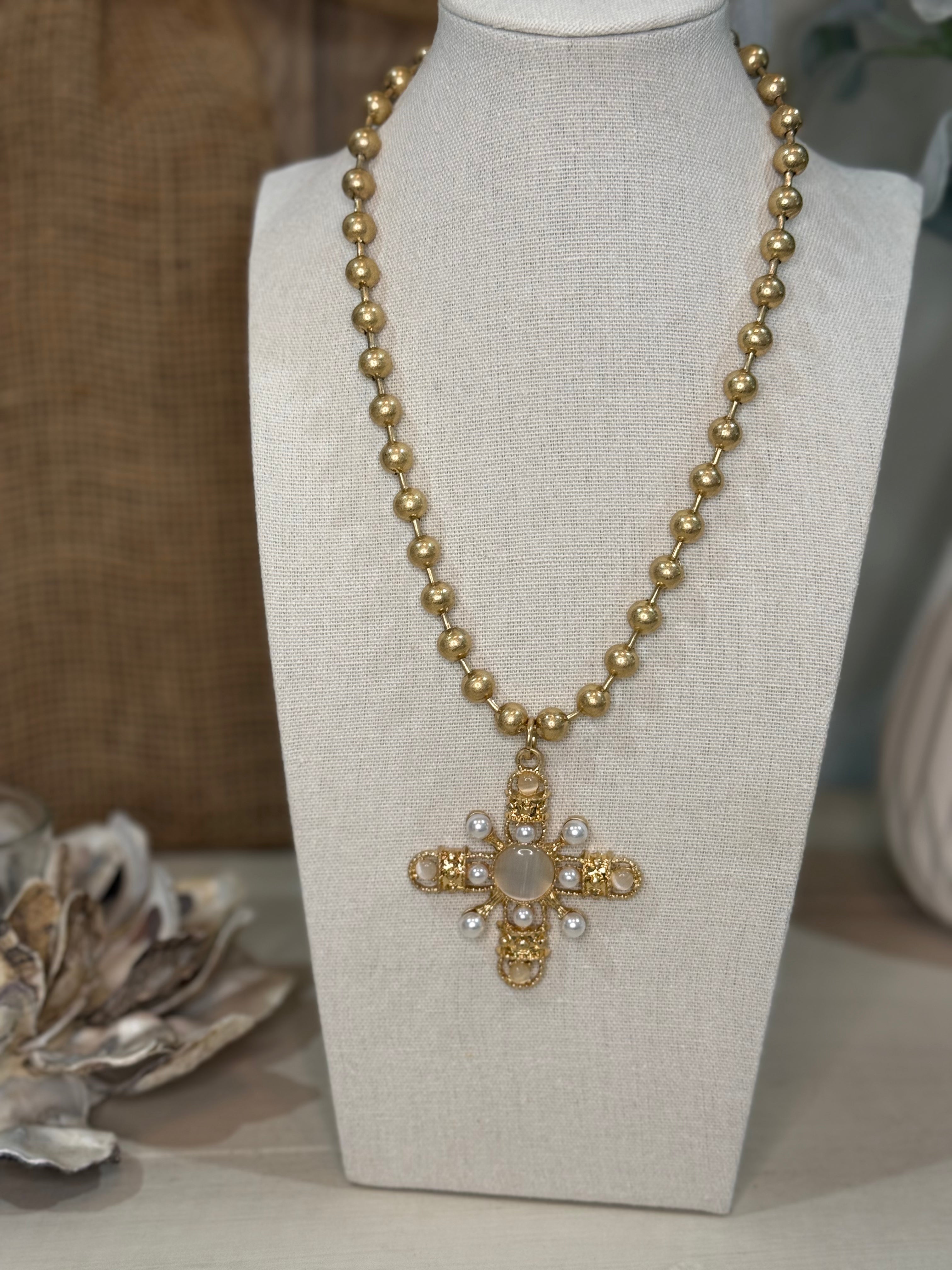 Stone Cross with Ball Chain Necklace